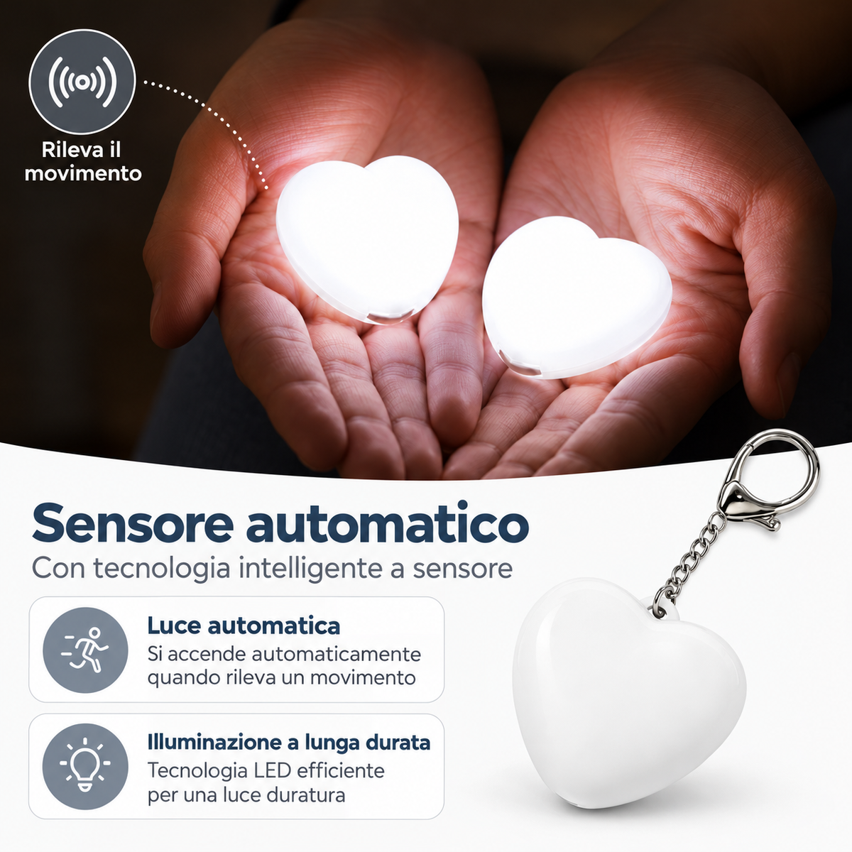 Luce da borsa a cuore che si accende da sola